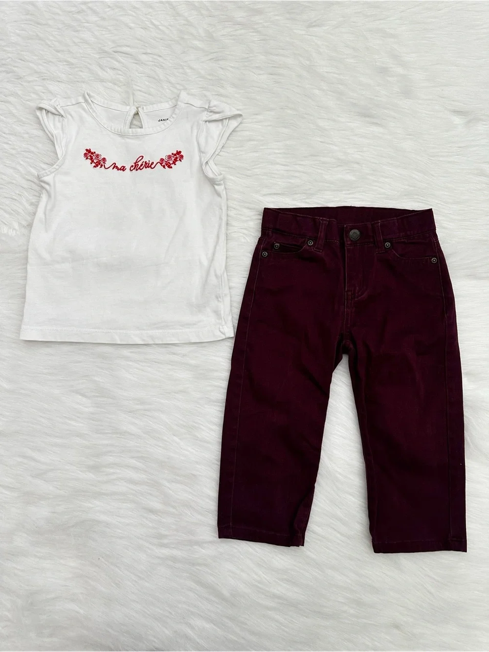 Janie and Jack Girls White Ma Cherie Tee & Maroon Pants Set, Size 2T